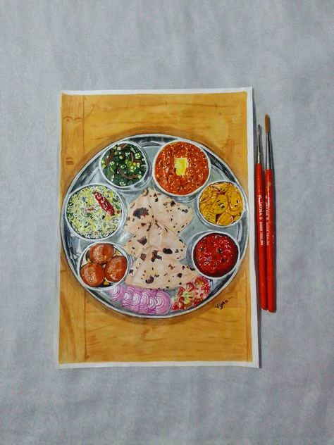 Indian Food Art Painting, Indian Food Thali, Food Thali, Chocolate Drawing, Food Paintings, Paintings Nature, Hanuman Hd, Rajasthani Painting, Canvas Art Painting Abstract