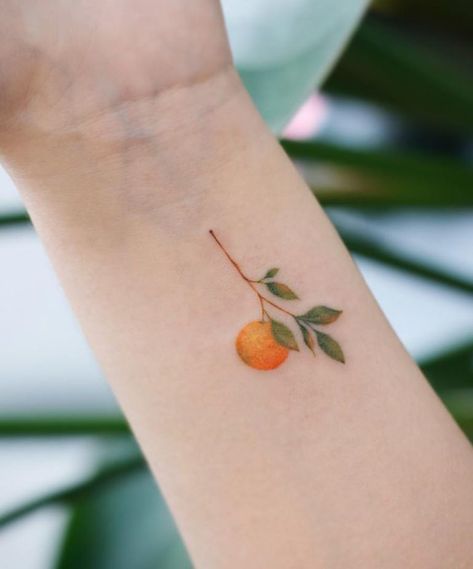 60 Best Cute And Small Tattoo Ideas - List Inspire Tiny Food Tattoos, Tiny Color Tattoos, Cute Food Tattoos, Colorful Minimalist Tattoo, Small Colour Tattoo, Tangerine Tattoo, Orange Tattoo, Fruit Tattoo, Shape Tattoo