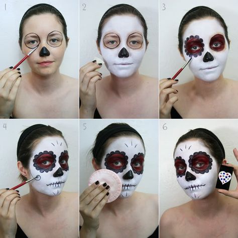 step by step sugar skull face painting | Paint the circular outline of the eye sockets, and outline the nose ... Sugar Skull Makeup Tutorial, Halloween Maquillage, Skull Makeup Tutorial, Halloween Makeup Sugar Skull, Halloween Sugar Skull, Halloweenský Makeup, Halloween Make-up Looks, Make Up Foundation, Dead Makeup