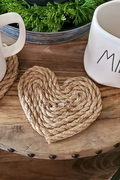 Farmhouse Valentines Heart Shaped Coasters Valentine Coasters, Valentines Coasters, Paper Heart Garland, Rope Heart, Conversation Hearts Candy, Diy Placemats, Eos Lip Balm, Heart Shaped Cookies, Valentines Decor