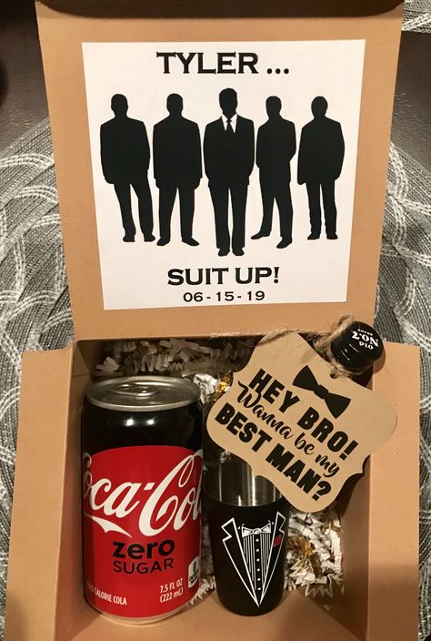 Groomsman proposal I made for my Fiancé’s Best Man! ❤️ #GroomsmanProposal #BestMan #SuitUp Grooms Box Ideas, Groomsman Proposal Ideas Non Alcoholic, Best Man Proposal Box Ideas, Groomsman Boxes, Man Of Honor Proposal, Best Man Proposal, Groomsmen Invitation, Groomsmen Proposal Gifts, Groomsman Proposal