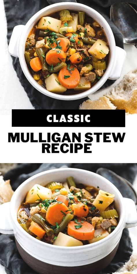 Easy Mulligan Stew Recipe - Mulligan stew, also known as hobo stew, is a free-for-all and easy to make delicious hearty soup crammed with beef, chicken and vegetables in a tasty beef broth. #mullinganstew #beefstew Mulligan Stew Irish, Hobo Stew Recipe, Mulligan Stew Recipe, Hobo Stew, Mulligan Stew, Poor Mans Stew, Casseroles Recipes, Irish Beef Stew, Billy Parisi