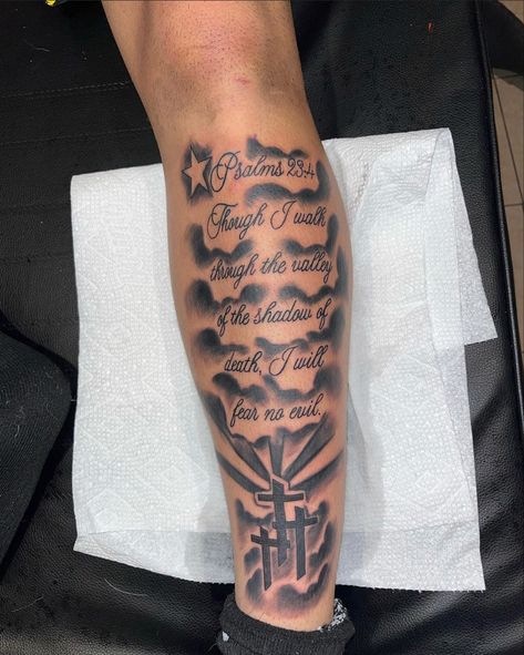 Scripture Leg Tattoos For Men, Bible Verse Calf Tattoo, Christian Calf Tattoo Men, Cloud Tattoo With Quote, Blessed Leg Tattoo, Bible Verse Leg Tattoos For Men, God Quotes Tattoos Men, Beachy Tattoos Men, Lord’s Prayer Tattoo