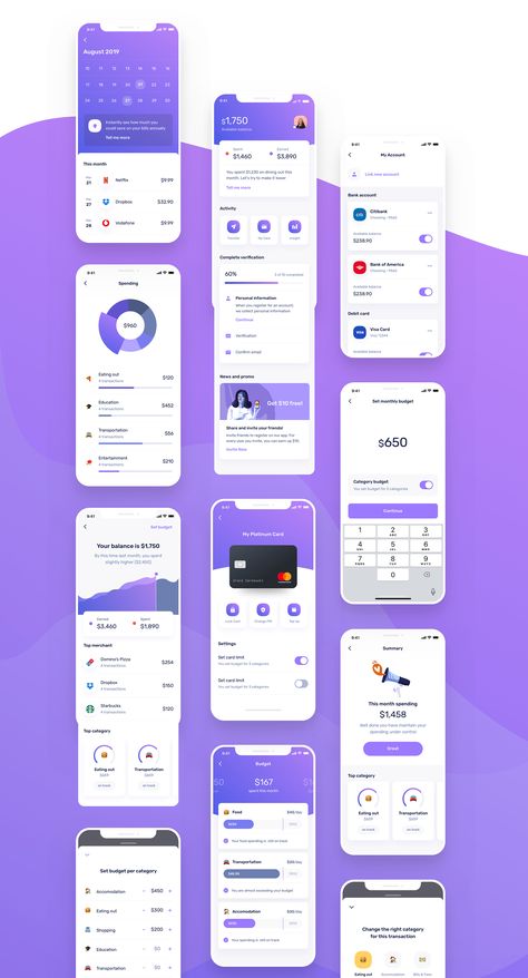 Uluwatu is an essential toolkit for anyone designing financial mobile app. Using this UI kit you can design mobile app to track spending, set budget, personal wallet and many more. Mobile App Screen Design, Financial App Design, Payment App Ui Design, Payment Ui Design Mobile, Fintech App Ui Design, Mobile Payment Ui, Payment Ui Design, Modern App Design, App Screen Design