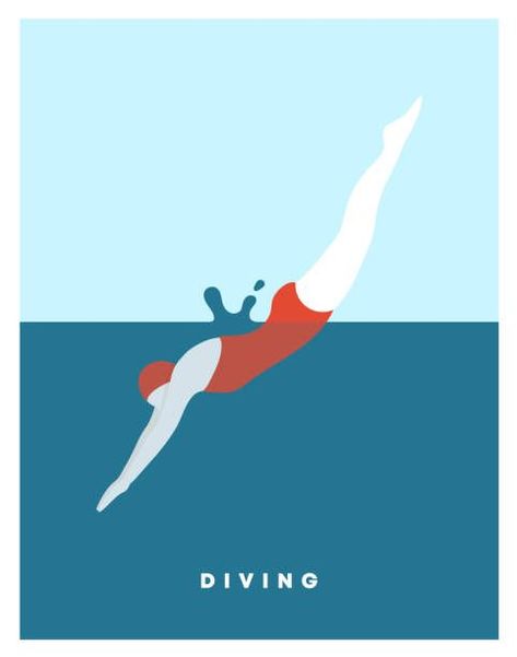 Diving Drawing, Diver Art, Diving Springboard, Swimming Posters, Abstract Face Art, Vintage Swim, 50's Style, Mood Instagram, People Illustration