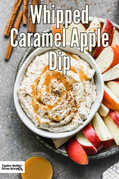 Whipped Caramel Apple Dip with fresh apple slices, a delicious and easy homemade dessert. Fluffy Apple Dip, Apple Dip Caramel, Caramel Apple Fluff Dip, Caramel Apple Dip Marshmallow Fluff, Fluffy Caramel Apple Dip, Apple Slice Dip, Carmel Apple Cheesecake Dip Recipes, Candy Apple Dip, Whipped Caramel Apple Dip