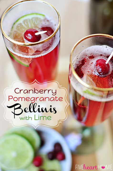 Cranberry Pomegranate Bellinis with Lime (Cocktail or Mocktail) ~ this pretty red drink gets its color from fruit juice, is perfect for Valentine's Day, and can be made with champagne or seltzer | FiveHeartHome.com Cranberry Pomegranate, Red Drinks, Punch Ideas, Tasty Drinks, Red Bone, Sparkling Drinks, Christmas Brunch, Winter Drinks, Alcoholic Beverages