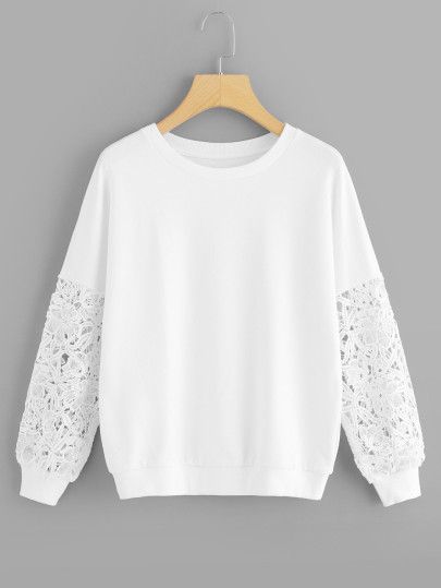 Cheap White Patchwork Sweatshirt, White Long Sleeve Sweatshirt With Embroidered Graphics, White Long Sleeve Patchwork T-shirt, White Patchwork Long Sleeve T-shirt, White Crew Neck T-shirt With Lace Trim, Lace Sweatshirt, Raglan Sleeve Sweatshirt, Lace Fashion, Polo Dress