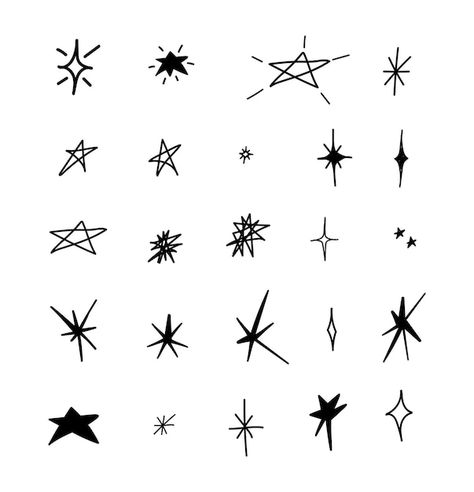 Free Vector | Hand drawn sparkling star collection Drawn Star Tattoo, Y2k Stars Drawing, Star Hand Drawing, Y2k Hand Drawing, Star Doodle Tattoo, Y2k Star Drawing, Star Sketch Drawing, Trans Symbol Tattoo, Doodle Symbols