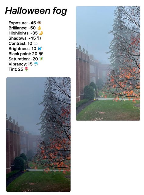 Photos App Editing, Spooky Photo Editing Iphone, Iphone Photo Edit Settings Halloween, Cloud Photo Editing, Fog Picture Ideas, Filters Photo Editing, Halloween Filter Iphone, Halloween Photo Edit Iphone, Iphone Photo Filter Settings