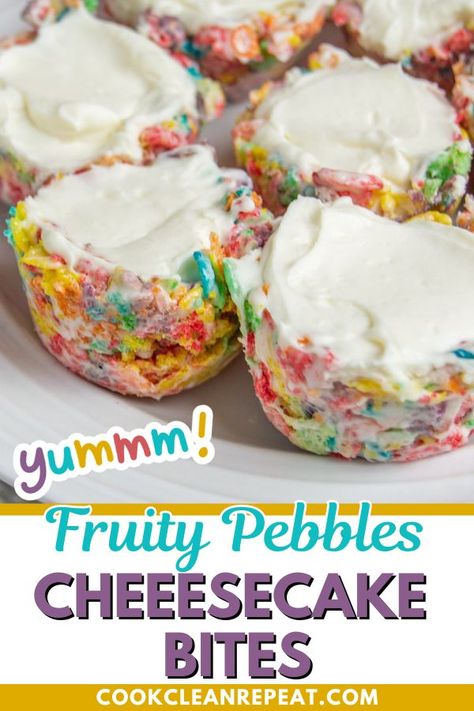 Looking for a tasty and colorful snack to make? Then you're going to want to try these colorful Fruity Pebbles cheesecake bites today! Fruity Pebbles Cheesecake, Fruity Pebble Cheesecake, Dessert Pizza Fruit, Snack To Make, Fruity Pebble, Fruity Pebbles Cereal, Cheesecake Bites Recipe, Cereal Dessert, Snacks To Make