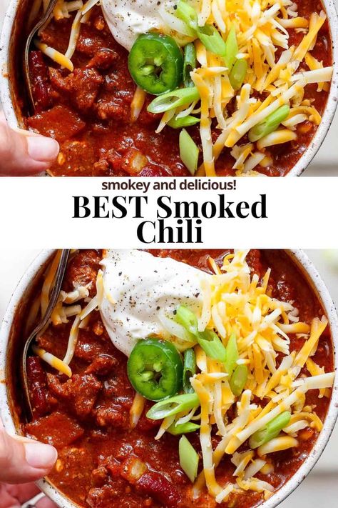 Smoked Chili - The Wooden Skillet Smoked Meat Chili, Smoked Chilli Recipe, Smoked Turkey Chili Recipe, Smoked Chili Recipe, Wooden Skillet, Smoked Chili, Chili Recipe Turkey, Gluten Free Salads, Chilli Recipes