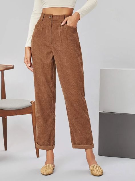 Rolled Hem Cord Pants | SHEIN USA Cord Pants, Cord Trousers, Hem Pants, Cords Pants, How To Hem Pants, Women Pants, Tapered Pants, Rolled Hem, Shein Style