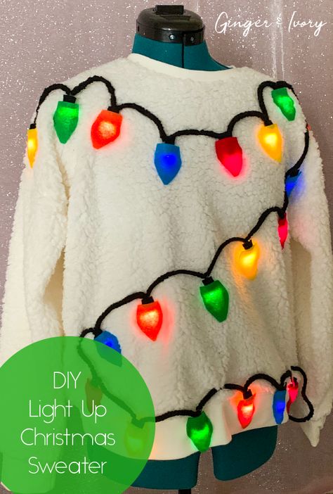 Easy, DIY a Christmas sweater. Perfect for a holiday party or ugly Christmas sweater contest. Follow my easy step by step guide and video. Diy Xmas Jumper Ideas, Christmas Sweaters Ideas, Xmas Sweaters Diy, Light Up Sweater, Christmas Tree Sweater Diy, Christmas Lights Costume, Kids Tacky Christmas Sweater, Light Up Christmas Outfit, Whoville Christmas Sweater