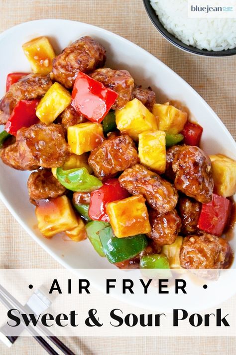 Air Fryer Sweet and Sour Pork is the perfect recipe when you're craving a Chinese food take-out. This healthy take on an authentic recipe is just the dish you are looking for. The pepper, pineapple and pork are a perfect combination. The pork comes out cripsy and tender in the air fryer and saves you some calories. Must better for you than deep fried Chinese food. #bluejeanchef #airfryer #takeout Sweet N Sour Pork Recipe, Chinese Food Delivery, Mapo Tofu, Pork Dinner, Crispy Pork, Sweet And Sour Sauce, Boneless Pork, Carne Asada, Sweet And Sour