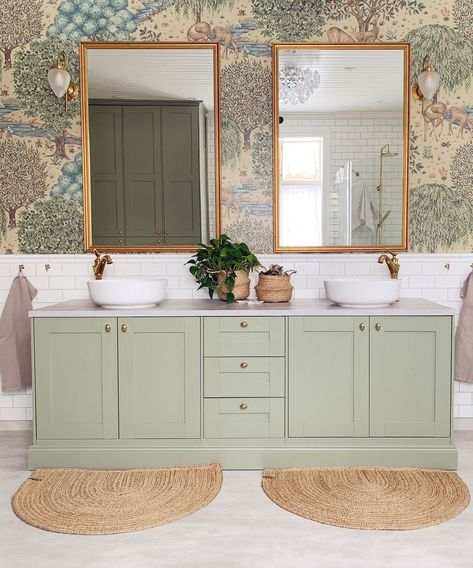 An IKEA METOD cabinet hack has transformed this bathroom | Livingetc Ikea Sink Cabinet, Ikea Hack Bathroom, Ikea Bathroom Vanity, Ikea Metod Kitchen, Ikea Sinks, Green Bathroom Vanity, Ikea Vanity, Bathroom Hacks, Ikea Kitchen Cabinets