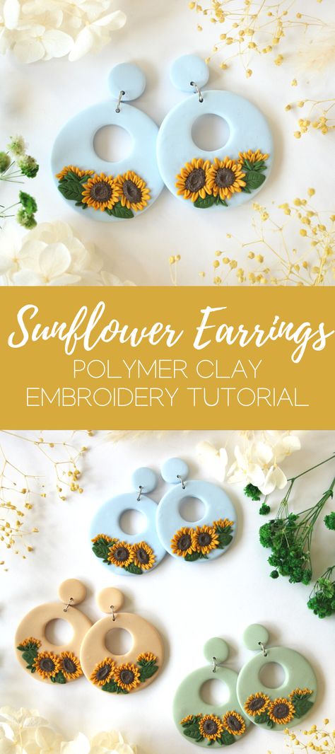 VIDEO: Sunflower Earrings | Polymer Clay Tutorial - My Vian Polymer Clay Sunflower Earrings, How To Make Sunflower, Easy Polymer Clay, Earring Video, Polymer Clay Embroidery, Diy Earrings Polymer Clay, Jewerly Making, Sunflower Earrings, Polymer Earrings