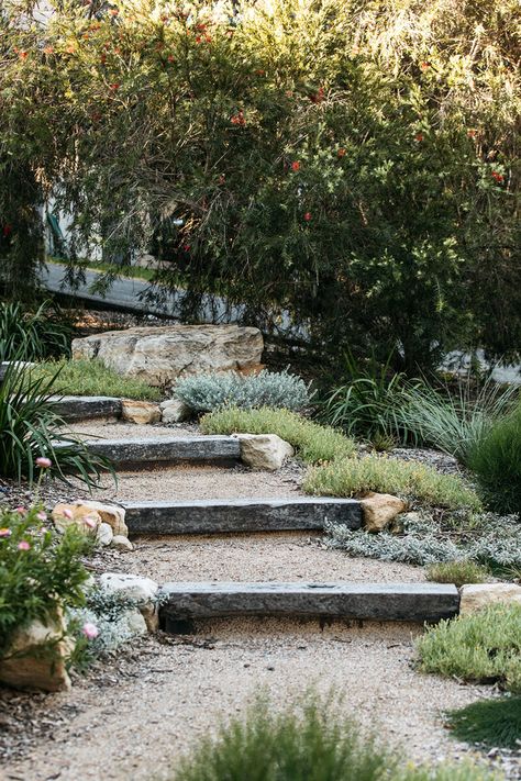 Sleeper Steps, Australian Garden Design, Landscape Steps, Australian Native Garden, Garden Stairs, Sloped Garden, Australian Garden, Garden Steps, Coastal Gardens