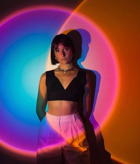 Disco Light Photoshoot, Rainbow Light Photoshoot, Colored Light Photoshoot, Color Light Photoshoot, Sunset Lamp Portrait, Led Photoshoot Ideas, Led Light Photoshoot Aesthetic, Sun Lamp Photoshoot, Led Lights Photoshoot