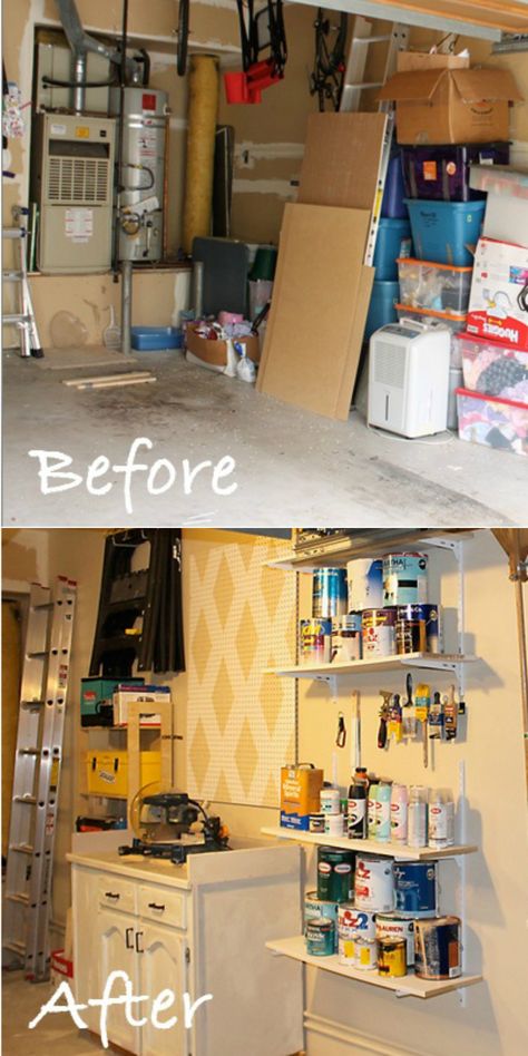 Use shelves and hooks to turn a garage wall into a work station. Garage Hacks, Cluttered Bedroom, Cleaning Inspiration, Messy House, Home Organizing, Cleaning Motivation, Work Station, Garage Ideas, Organizing Tips