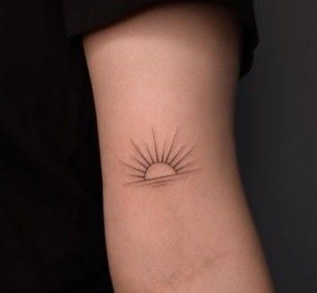 Sun On Horizon Tattoo, Sun And Wave Tattoo Meaning, Minimalist Sunrise Tattoo Simple, Sun Tattoo Medium, Sun Rise Sun Set Tattoo, Dainty Sunset Tattoo, Fine Line Half Sun Tattoo, Small Half Sun Tattoo, Sun Simple Tattoo