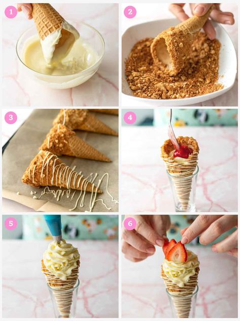 Waffle Cone Cheesecake, Sugar Cones Ideas, Strawberry Cheesecake Cones, Cheesecake Stuffed Waffle Cone Recipe, Strawberry Crunch Cheesecake Cups, Waffle Cone Dessert Ideas, Cheesecake Cones Recipe, Strawberry Waffle Cone, Stuffed Cones