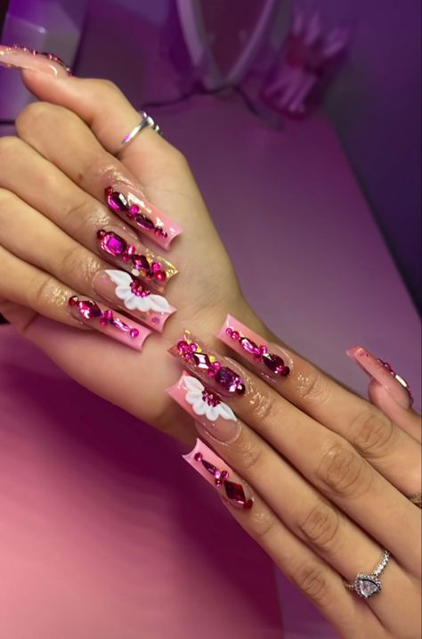 Fuchsia Acrylic Nails, Fuschia Acrylic Nails, Fuchsia Nails Acrylic, Fuschia Nails Acrylic, Magenta Nails Acrylic, Pink Quinceanera Nails Long, Fushia Nail Designs Ideas, Pink Nails Quince, Hot Pink Quince Nails