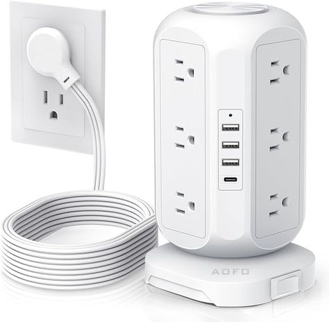 Amazon.com: Tower Power Strip Flat Plug with 12 Outlets 4 USB(1 USB C),AOFO Surge Protector Charging Station with Overload Protection, Widely Spaced Multiple Outlets 10Ft Extension Cord for Home, Dorm,Office : Electronics Outlet Plug, Computer Camera, Electronic Musical Instruments, Office Electronics, Surge Protector, Dorm Essentials, Extension Cord, Power Outlet, Desktop Organization