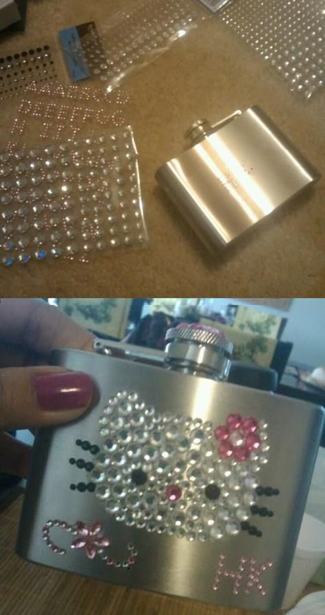 Bedazzle your own flask! Bedazzled Hydro Flask, Diy Flask Decorating Ideas, Bedazzle Lighter, Flask Designs Diy, Flask Ideas Diy, Flask Aesthetic, Lighter Bedazzled, Girly Diy, Bedazzled Things