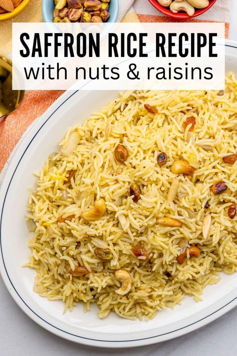 Saffron Rice Recipe, Raisins Recipe, Saffron Recipes, Raisin Recipes, Saffron Rice, Rice Pilaf, Cooking 101, Basmati Rice, Biryani