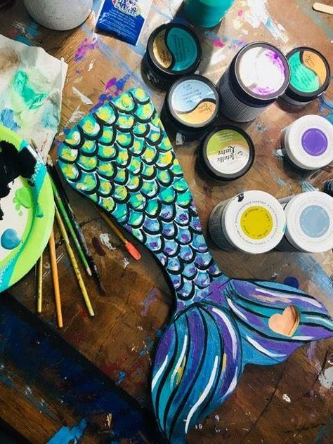 Mermaid Tail Painting (Easy Painting Idea!) - Texas Art & Soul Mermaid Tail Painting, Mermaid Tail Art, Diy Mermaid Tail, Superhero Squad, Orange Mermaid, Team Building Activity, Mermaid Board, Magical Paintings, Mermaid Room