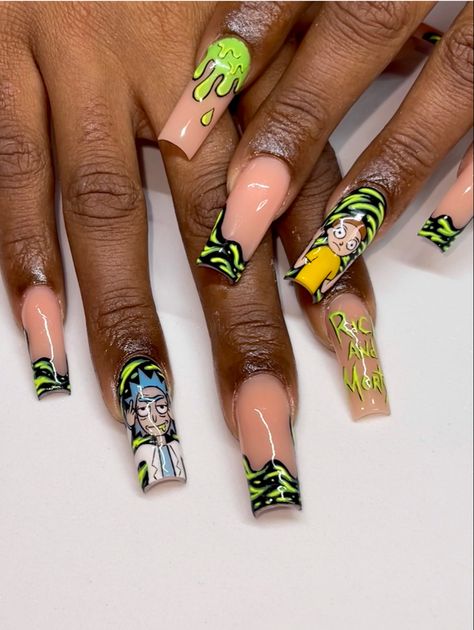 Rick And Morty Halloween Nails, Rick And Morty Nails Simple, Rick And Morty Acrylic Nails, Rick Morty Nails, Pickle Rick Nails, Rick And Morty Nail Designs, Boondocks Nails, Short Character Nails, Rick And Morty Nails Acrylic