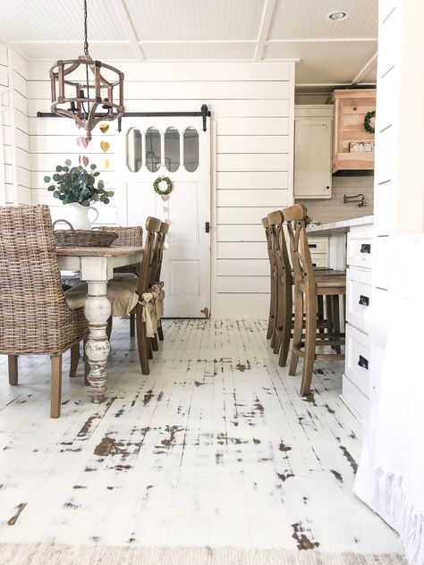 Kitchen Floor Paint Ideas and Inspiration | Hunker Painted Kitchen Floors, Distressed Wood Floors, Distressed Floors, Diy Wood Floors, Rustic Wood Floors, Painted Wood Floors, White Wood Floors, Renovation Tips, Farmhouse Flooring