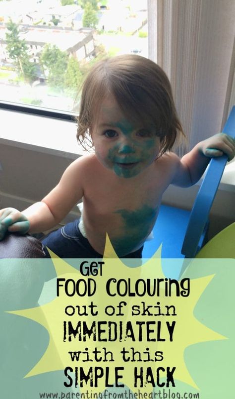 My two-year-old covered her skin with food colouring, this hack to get food colouring out of skin in no time at all. It's SUPER easy and takes no elbow grease! Sensory Materials, Toddler Parenting, Face Mapping, Parenting Resources, Shave Cream, Cleaning Tricks, Blue Food Coloring, Dark Spots On Skin, Kid Hacks