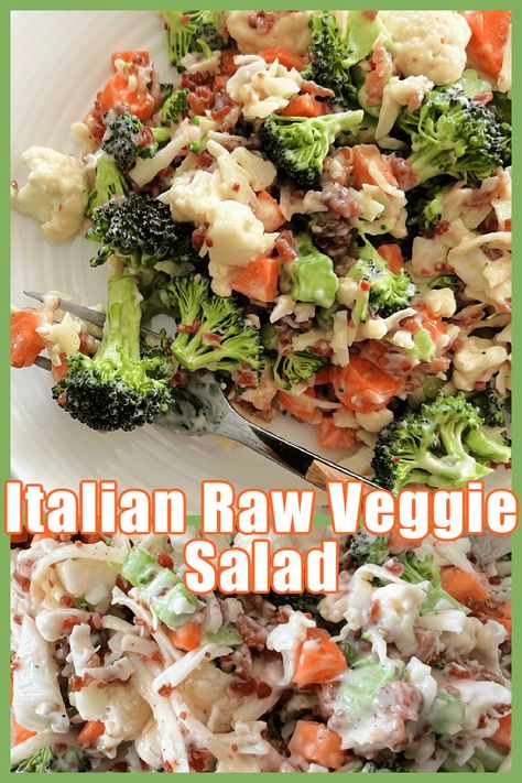 Italian Raw Veggie Salad, Italian Veggie Salad, Italian Broccoli Salad, Pot Luck Veggie Dishes, Gluten Free Pot Luck Dishes, Raw Veggie Salad, Cold Veggie Salad, Pot Luck Salads, Raw Veggie Recipes