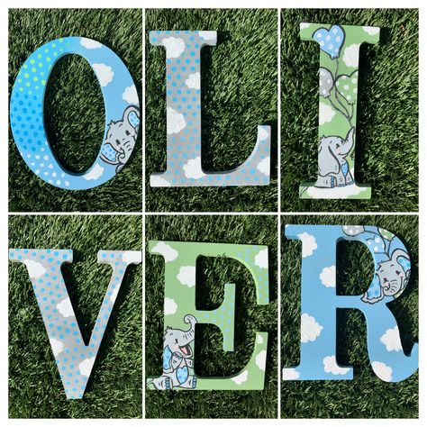 Painted Letters Diy For Boys, Name Letters On Wall, Painted Letters Diy, Letters On Wall, Painted Wooden Letters, Baby Name Letters, Painting Wooden Letters, Elephant Baby Shower Theme, Elephant Theme