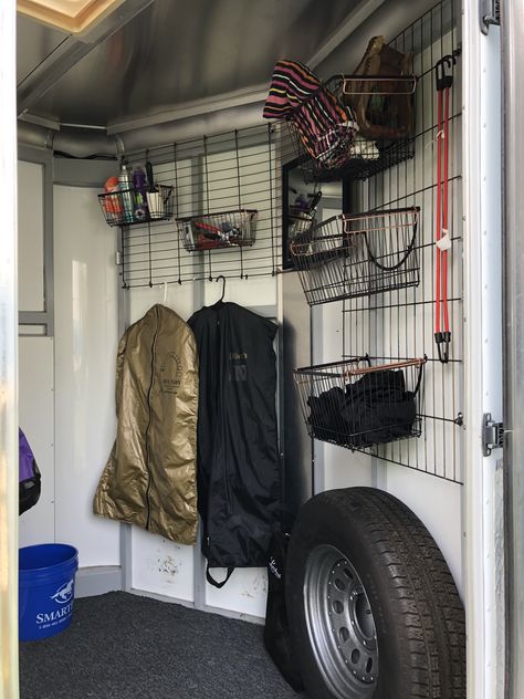 Horse Trailer Hacks Tack Rooms, Horse Trailer Organization Ideas, Horse Trailer Tack Room Organization, Trailer Tack Room Organization, Horse Trailer Tack Room Ideas, Horse Trailer Tack Room, Trailer Tack Room, Horse Organization, Horse Lorry