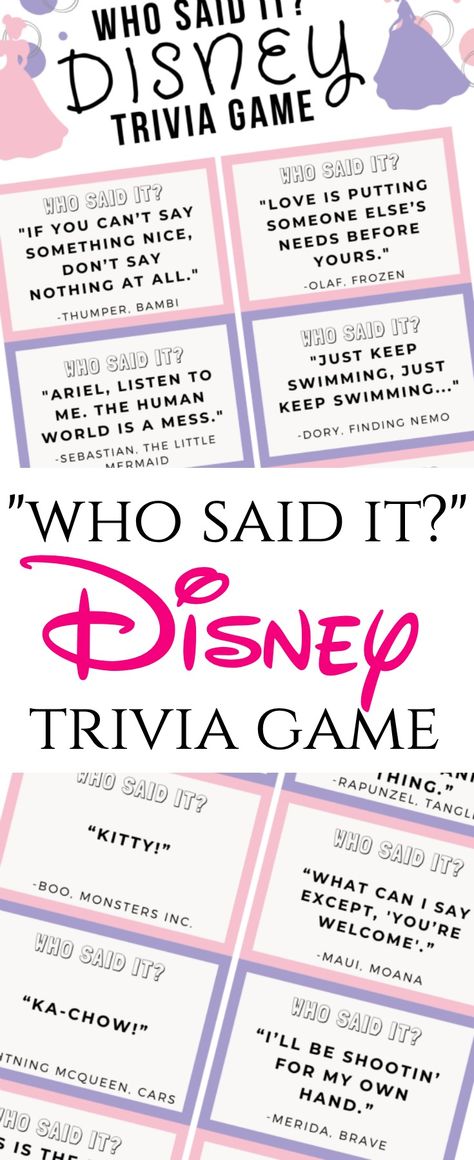 Who Said It Disney Trivia Game is a fun, family night game to encourage time together at home while also playing something fun and creative!  #disney #trivia #familynight #gamenight #parenting #stayathome #printable Disney Theme Games Activities, Disney Jeopardy Questions, Adult Disney Party Games, Disney After School Club Ideas, Disney Trivia For Kids, Disney Party Games For Adults, Disney Games Party, Disney Games For Adults, Trivia Night Theme Ideas