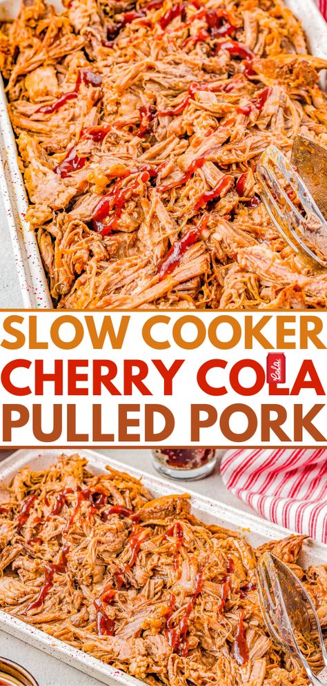 Slow Cooker Cherry Cola Pulled Pork - Super juicy, smoky, tangy-and-sweet pulled pork that is just bursting with flavor and moisture thanks to Cherry Coke and barbecue sauce! The EASIEST recipe because your Crock-Pot does all the work! Perfect for Memorial Day, Father's Day, barbecues, potlucks, game day events, and more. Coke Pulled Pork, Sliders Sandwiches, Tacos Pizza, Crock Pot Pulled Pork Recipe, Easy Pulled Pork, Pulled Pork Leftovers, Pulled Pork Tacos, Cherry Coke, Crockpot Pulled Pork