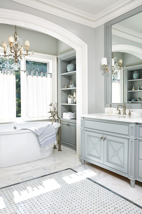 A beautiful arched nook houses the tub in this all-gray bath. Bad Inspiration, 아파트 인테리어, Subway Tiles, Pool Design, Dream Bathrooms, Design Del Prodotto, Grey Bathrooms, Dream Bathroom, Bathroom Remodel Master