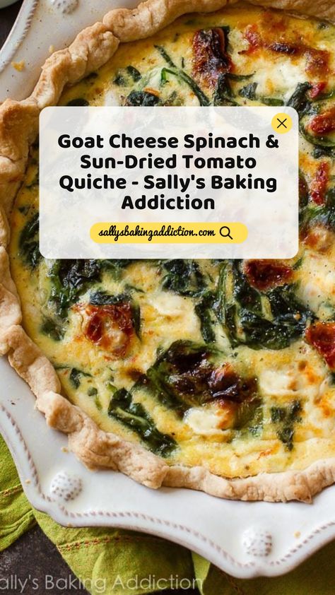 Make an easy and delicious goat cheese spinach & sun-dried tomato quiche for breakfast or brunch using fresh spinach and flavor-packed ingredients! Goat Cheese And Sundried Tomato, Quiche With Sundried Tomatoes, Sundried Tomato Quiche Recipes, Goat Cheese Quiche Recipes, Sundried Tomato Quiche, Sun Dried Tomato Quiche, Goat Cheese Quiche, Cheese Quiche Recipe, Tomato Quiche