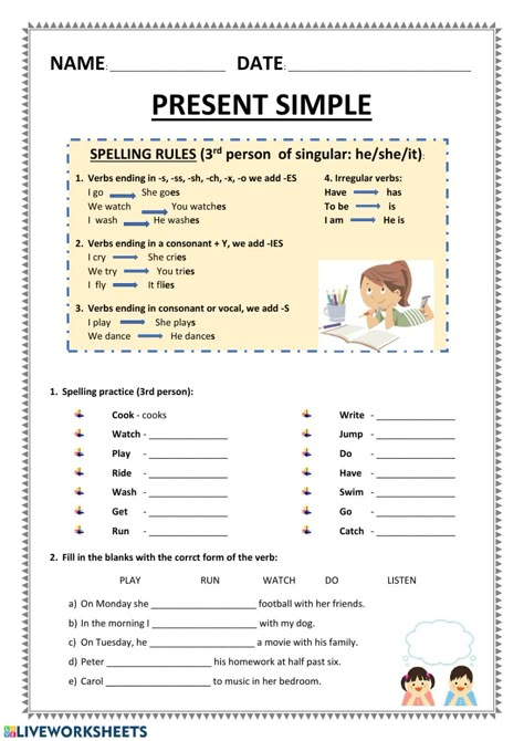 Present Simple Worksheets For Kids, Present Simple For Kids, Present Simple Rules, Simple Present Worksheet, Present Simple Worksheet, Simple Present Tense Worksheets, Daily Routine Worksheet, English Primary School, English Grammar Exercises