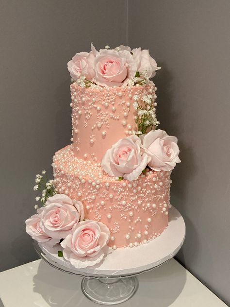 Wedding cake, pearls, sprinkles, Roses, colourmill baby pink 2 Layer Anniversary Cake, Three Tier Pink Birthday Cake, Pink Cake For 18th Birthday, 3 Tier Pink And White Wedding Cake, Pink Two Teir Birthday Cake, 3 Layer Pink Cake, 2 Layer Pink Cake, Pink Three Tier Cake, Hard Cake Designs