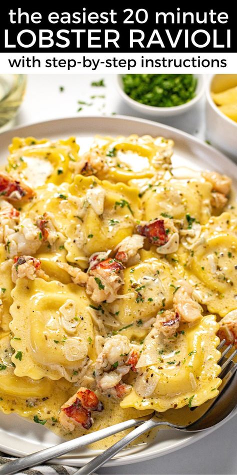 This easy lobster ravioli recipe is a restaurant-quality dish that literally takes less than 20 minutes from start to finish! Al dente cheese ravioli is tossed in a creamy garlic white wine sauce with chunks of sweet, tender lobster meat throughout. Cheese Ravioli White Sauce, Lobster Ravioli Dinner Ideas, Best Sauce For Lobster Ravioli, Sauce For Lobster Ravioli, Lobster Ravioli Recipe, Lobster Ravioli Sauce Recipe, Ravioli Dinner Ideas, Ravioli Sauce Recipe, Lemon White Wine Sauce