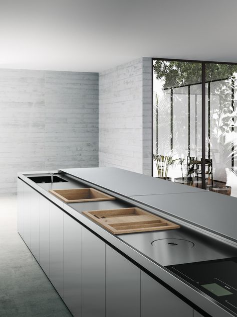 Hideaway stainless steel kitchen with island K6+6 By Boffi design Norbert Wangen Bulthaup Kitchen, Stainless Steel Kitchen Cabinets, Steel Kitchen Cabinets, Mobile Kitchen, Industrial Kitchen Design, Stainless Kitchen, High End Kitchens, Kitchen Models, Kitchen Dinning