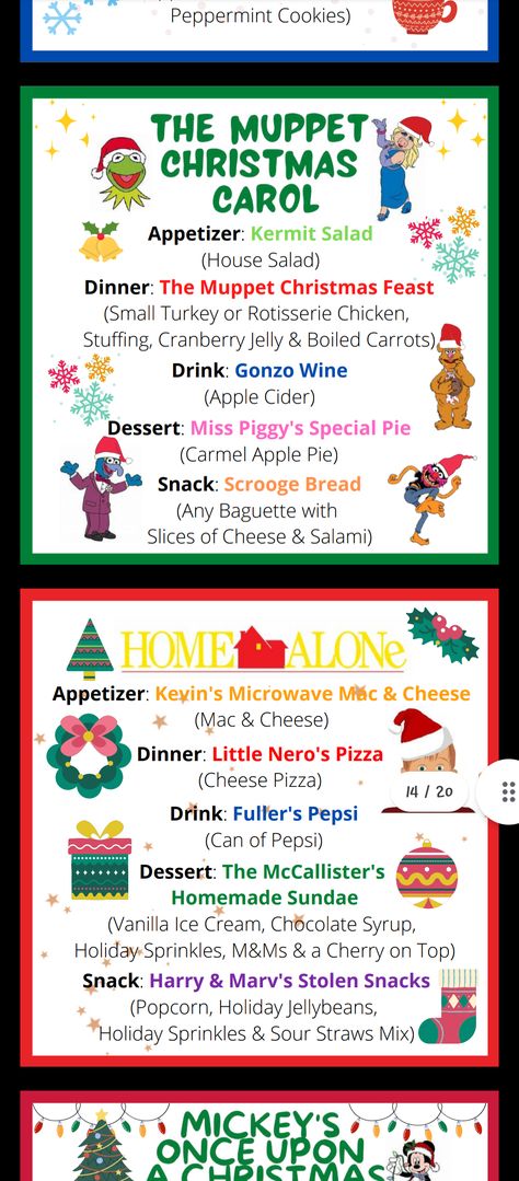 Christmas Movie Dinner Ideas For Kids, Christmas Movie Meal Ideas, Christmas Dinner Movie Night, Christmas Movie Food Theme, Muppet Christmas Carol Movie Night, Home Alone Themed Dinner, Christmas Movie Themed Dinner For Kids, Themed Dinner Nights Movie, Christmas Movie Themed Meals