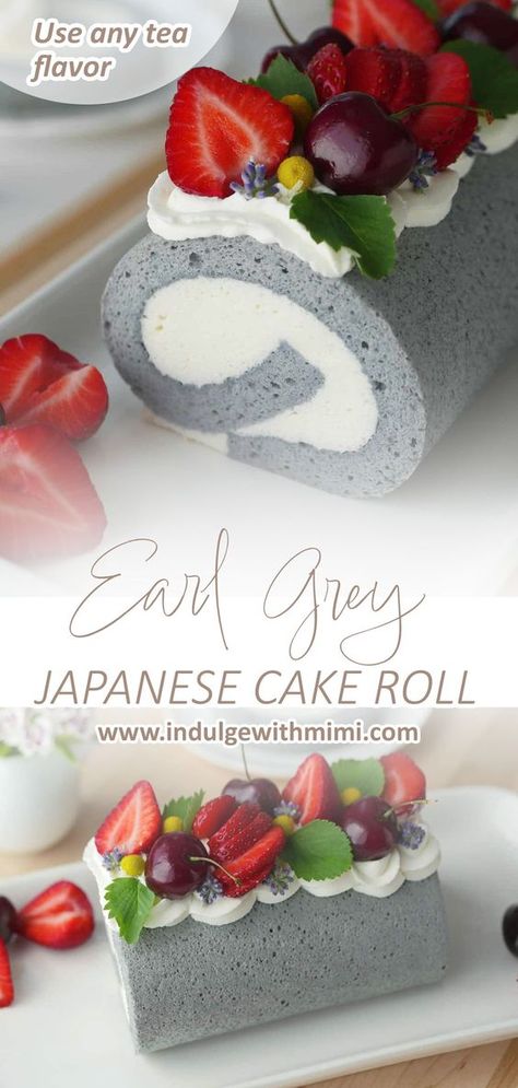 A beloved café favorite, London Fog latte, is interpreted into a super soft and fluffy Earl Grey tea cake roll. Easily substitute with your favorite tea flavor. #earlgrey #tea #cake #chiffon #cakeroll Swiss Roll Flavors, Asian Flavors Dessert, Spring Roll Cake, Asian Baking Recipes, Fun Cake Flavors, Fancy Cake Recipes, Japanese Fluffy Cake, Japanese Cake Roll, Cute Dessert Recipes