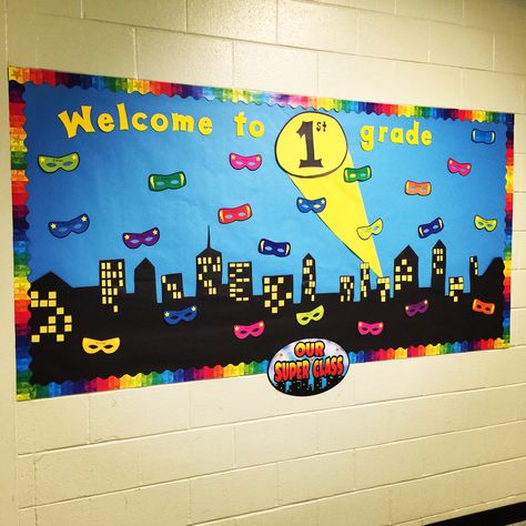 Welcome to 1st grade super hero bulletin board. 1st Grade Door Decorations, Super Hero Bulletin Board Ideas, Welcome To Grade 1, Welcome Bulletin Board Ideas, Reading Bulletin Board Ideas, Hero Bulletin Board, Superhero School Theme, Superhero Bulletin Boards, Hero Classroom Theme