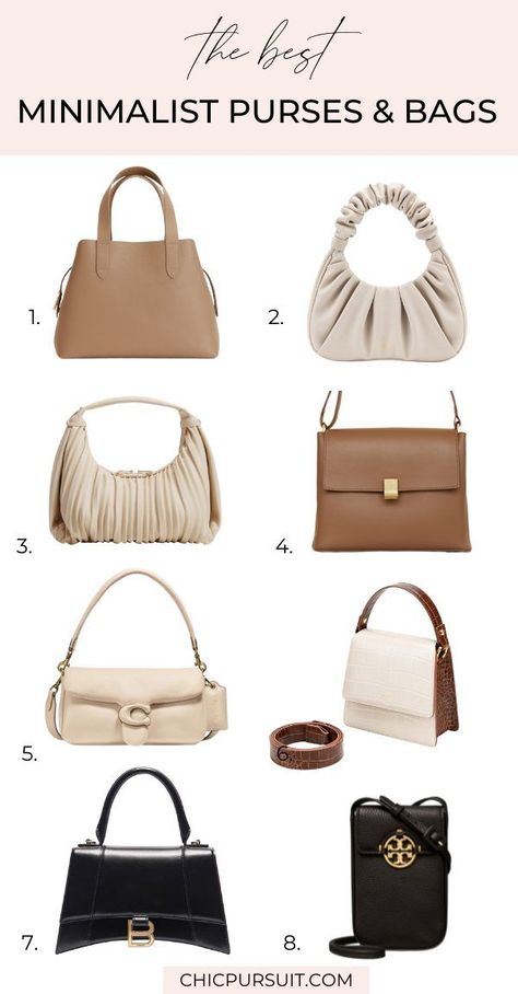 A collection of minimalist bags for women 2021, including the best black bags, best white bags, best cream bags, best nude bags, and the best tan bags for women. All of these include minimalist baguette bags and other minimalist purses and minimalist bag designs. There are small handbags for women, as well as minimalist office bags for women, work bags for women, and the like. Some of these are affordable bags, but there’s also designer bags for women and trendy handbags for women. Trendy Bags Winter 2024, Handbag 2023 Trend, Capsule Handbag Collection, Minimalist Bag Collection, Affordable Purses And Handbags, Purse That Goes With Everything, Capsule Bag Collection, Taupe Handbag Outfits, Beige Handbag Outfit