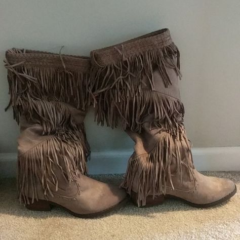 Faux Suede Fringed Knee Boots...New, Never Worn Fringed Boots, Cute Cowgirl Boots, Suede Fringe Boots, Hippie Aesthetic, Fringe Boots, Dress Up Dolls, Swag Shoes, Suede Fringe, Cute Fits